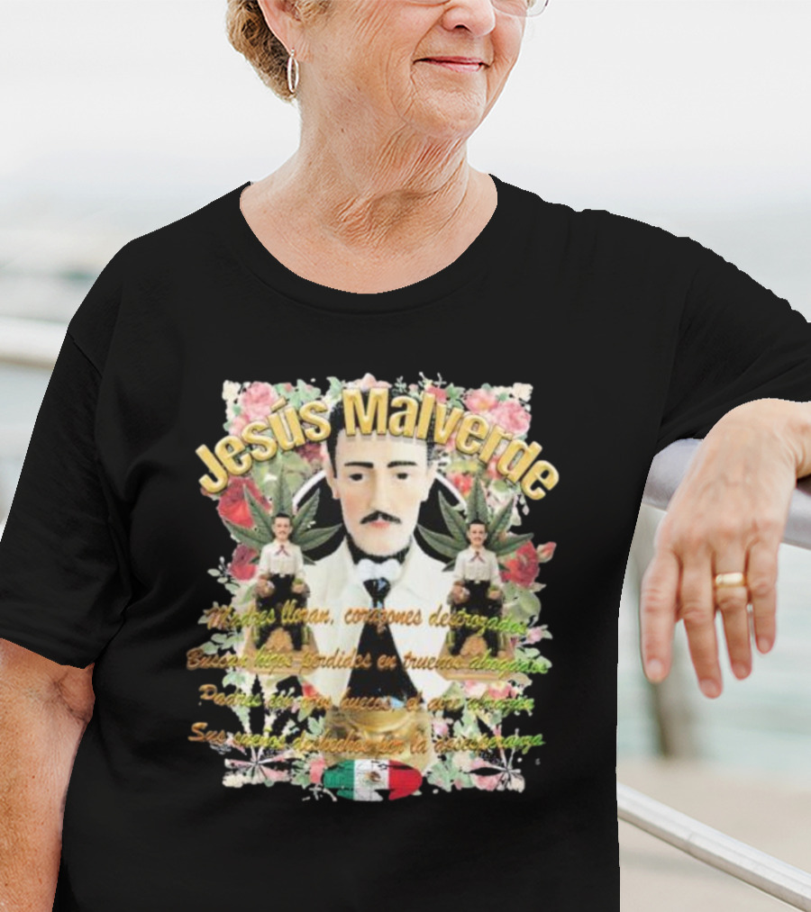 Jesús Malverde Iconic Figure With Flowers And Mexican Flag T-Shirt