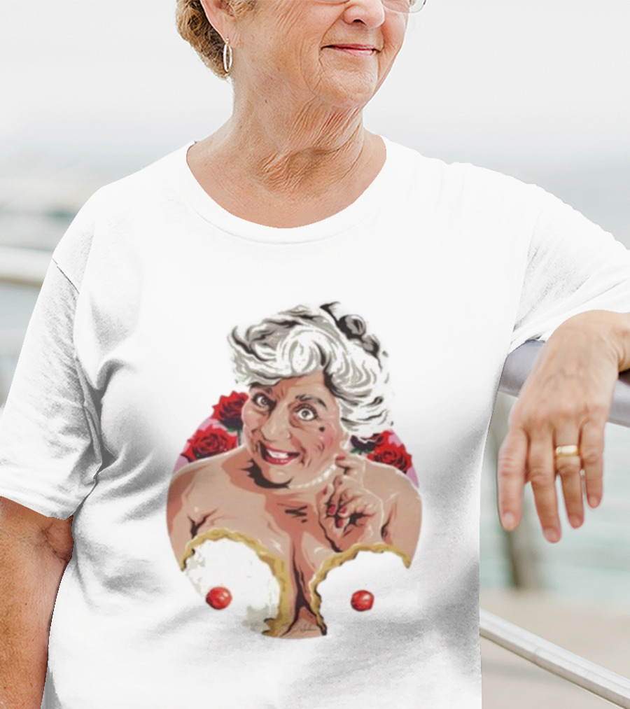 Nordacious Miriam Margolyes Humorous Portrait With Cakes And Roses T-Shirt
