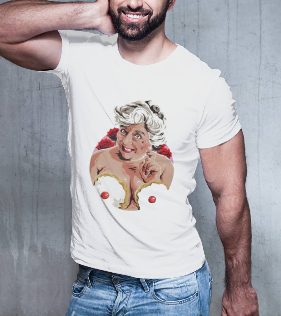 Nordacious Miriam Margolyes Humorous Portrait With Cakes And Roses T-Shirt