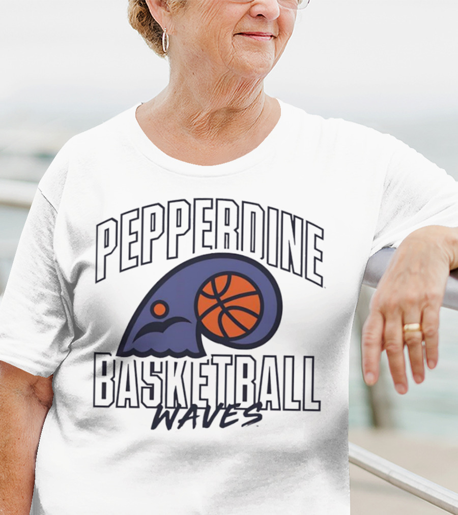 Pepperdine Waves Basketball Logo With Orange Basketball And Wave T-Shirt