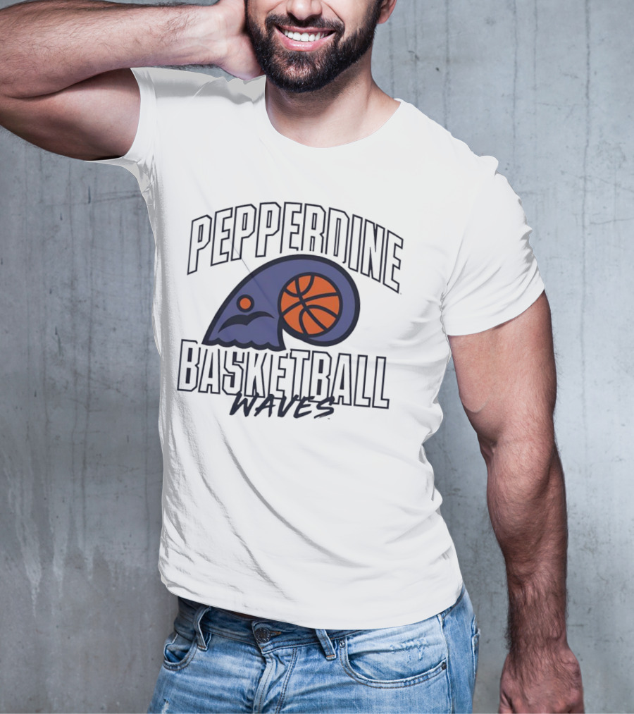 Pepperdine Waves Basketball Logo With Orange Basketball And Wave T-Shirt