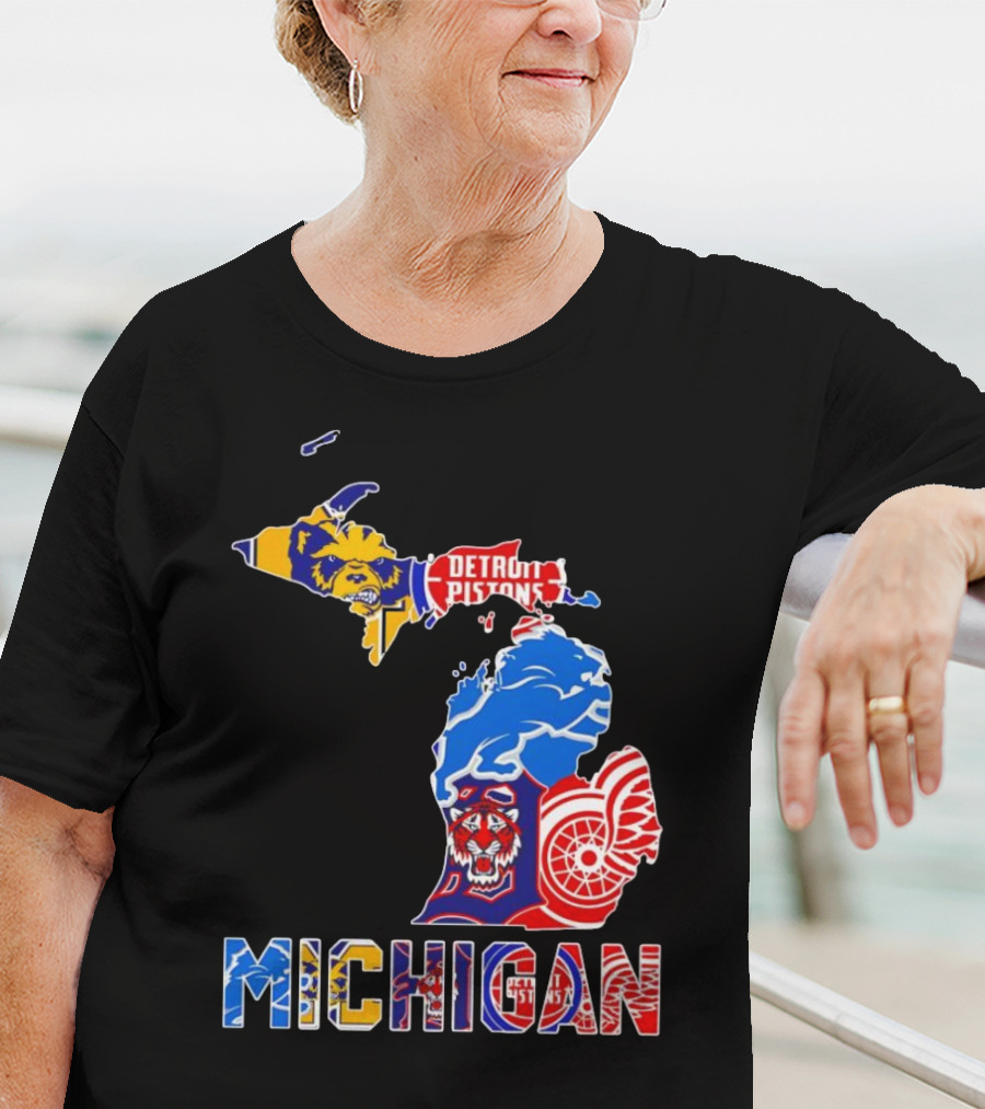 Michigan Sports Teams Logos Map Detroit Pistons Lions Tigers Red Wings T-Shirt