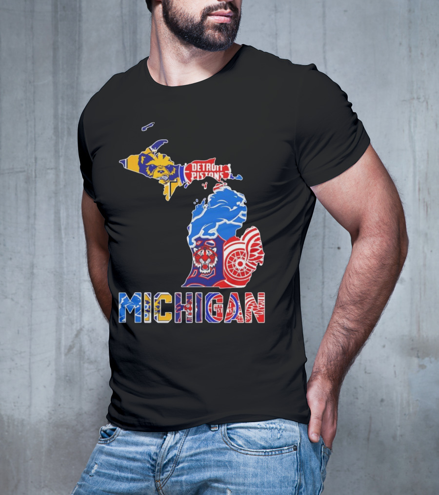 Michigan Sports Teams Logos Map Detroit Pistons Lions Tigers Red Wings T-Shirt