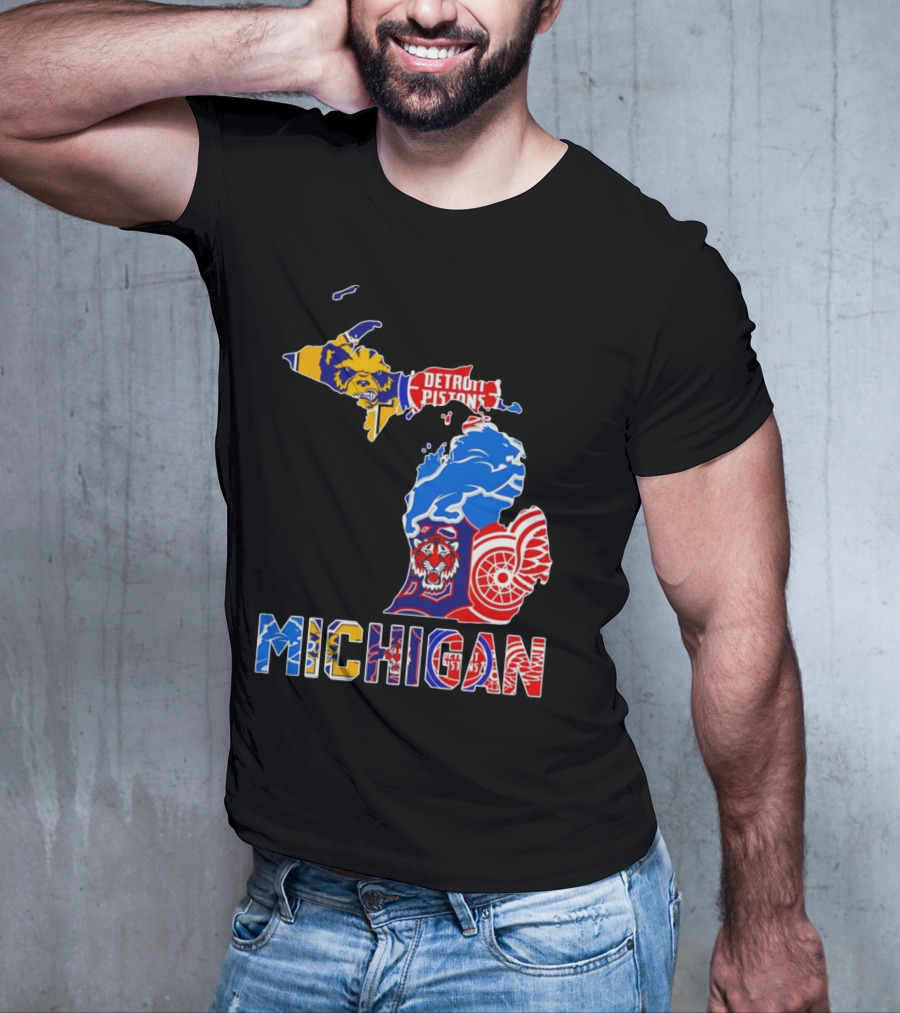 Michigan Sports Teams Logos Map Detroit Pistons Lions Tigers Red Wings T-Shirt