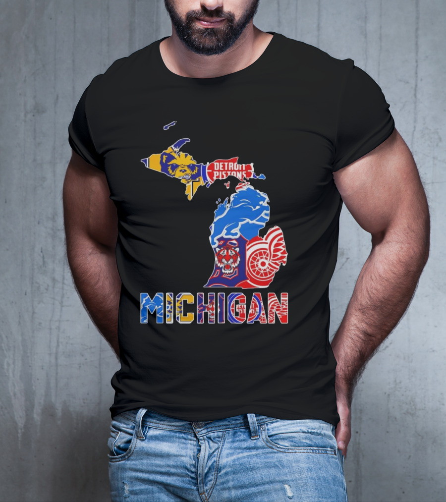 Michigan Sports Teams Logos Map Detroit Pistons Lions Tigers Red Wings T-Shirt