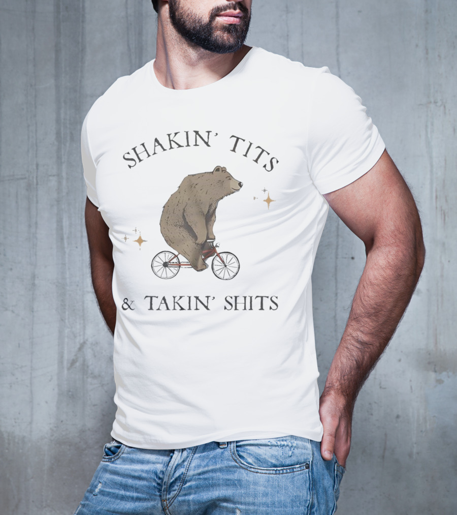 Shakin' Tits Bear Riding Bicycle And Takin' Shits With Stars T-Shirt