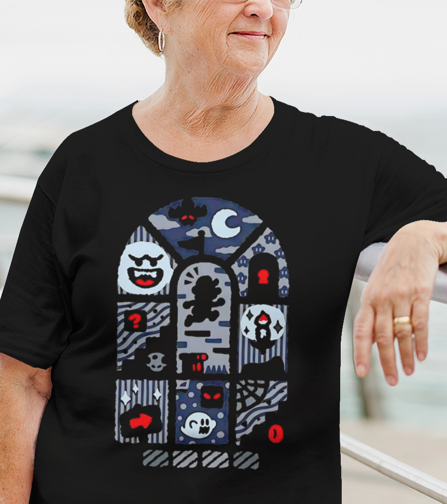Super Mario World Ghost House Scene Elements Featuring Boo, Skull, And Keyhole T-Shirt