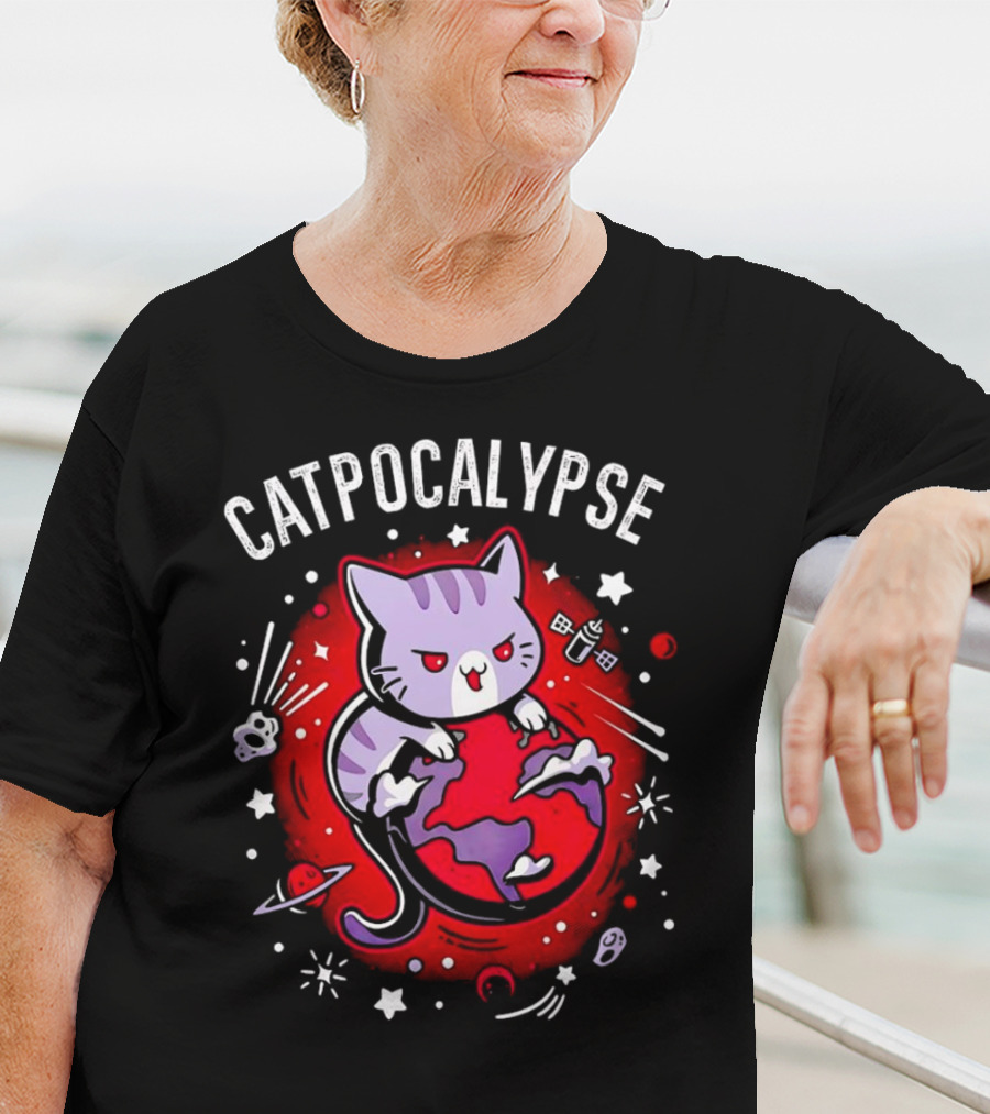 Catpocalypse Cat Battling Earth Amidst Cosmic Chaos T-Shirt
