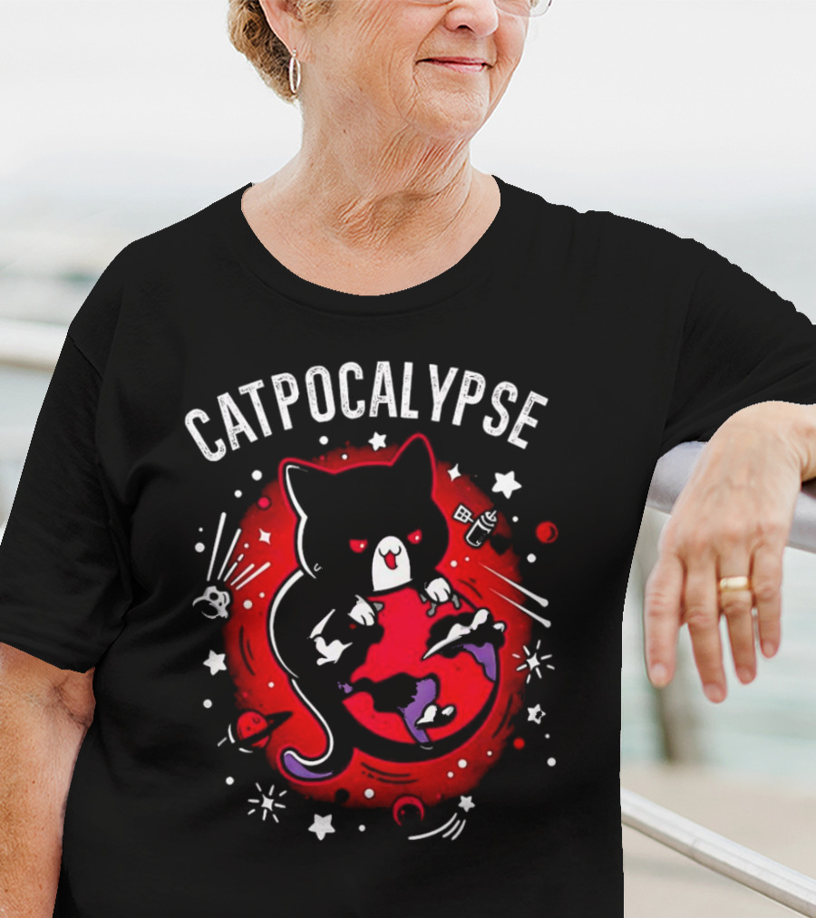 Catpocalypse Red Cat Holding Earth Surrounded By Space Elements T-Shirt