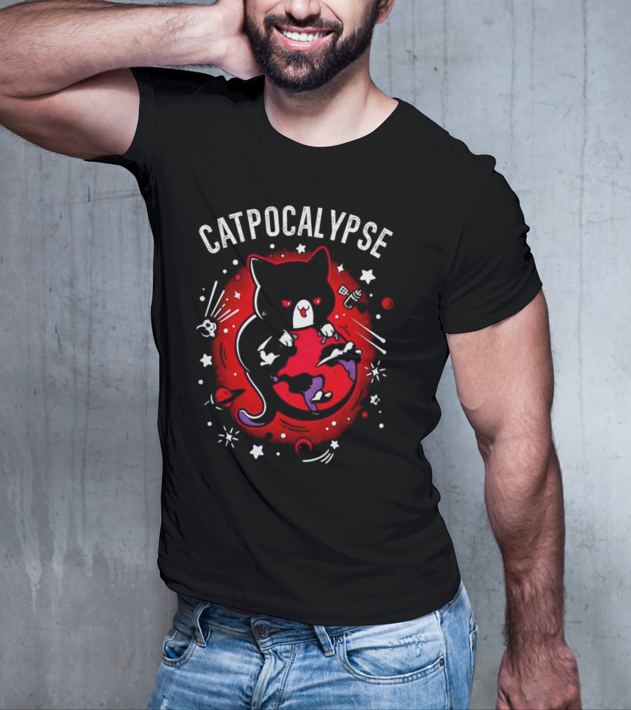 Catpocalypse Red Cat Holding Earth Surrounded By Space Elements T-Shirt