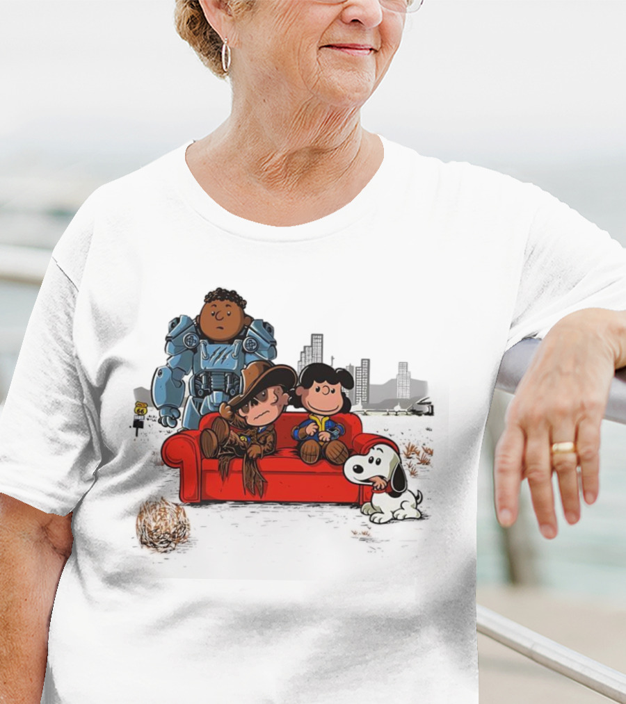 Peanuts Characters On Red Couch With Fallout Power Armor In Apocalypse Scene T-Shirt