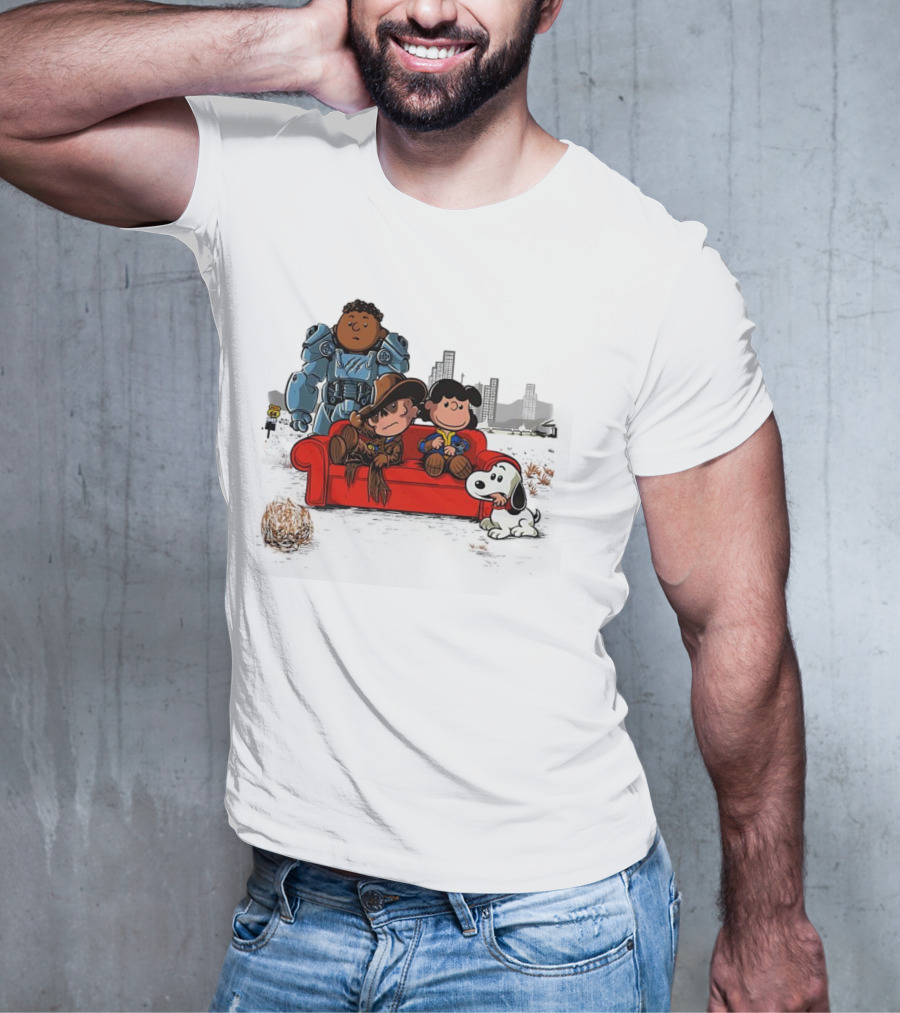 Peanuts Characters On Red Couch With Fallout Power Armor In Apocalypse Scene T-Shirt