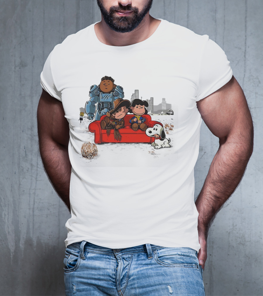 Peanuts Characters On Red Couch With Fallout Power Armor In Apocalypse Scene T-Shirt