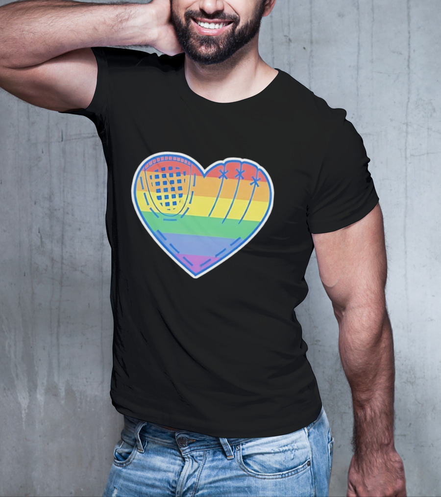 Pride Rainbow Striped Baseball Glove Heart T-Shirt