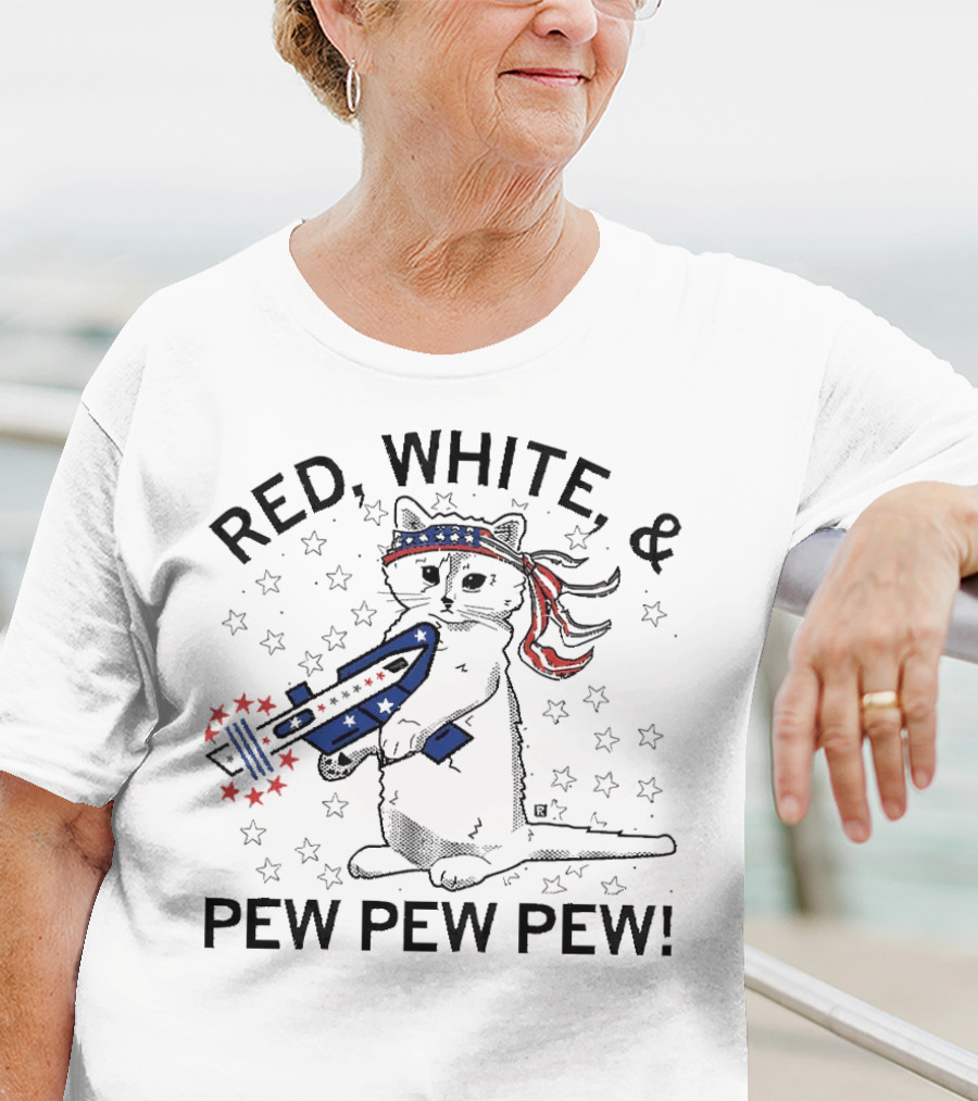 Red White And Pew Pew Pew Cat With Stars And Stripes Headband And Laser Gun T-Shirt