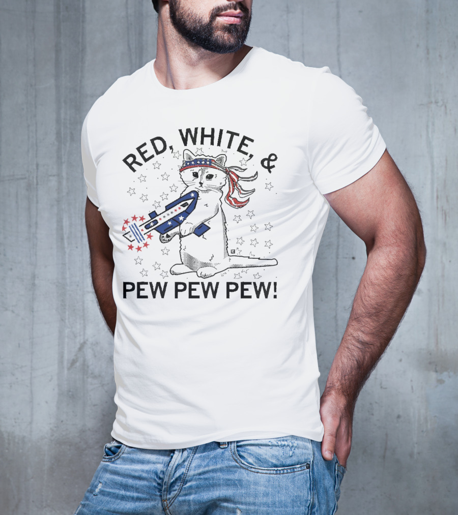 Red White And Pew Pew Pew Cat With Stars And Stripes Headband And Laser Gun T-Shirt
