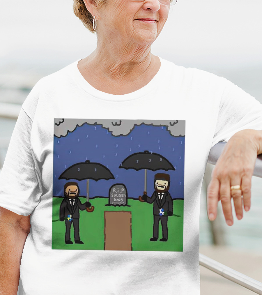 RIP SplashBros Cartoon Memorial With Suited Figures Holding Black Umbrellas T-Shirt