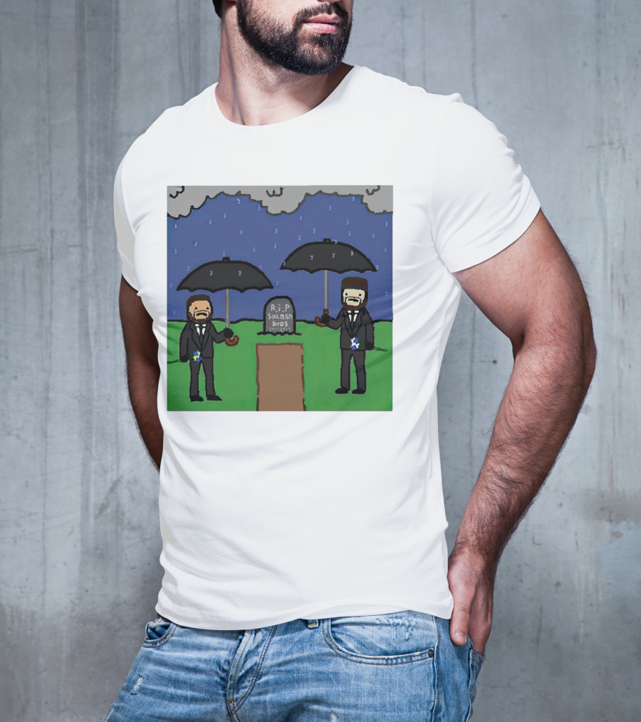 RIP SplashBros Cartoon Memorial With Suited Figures Holding Black Umbrellas T-Shirt