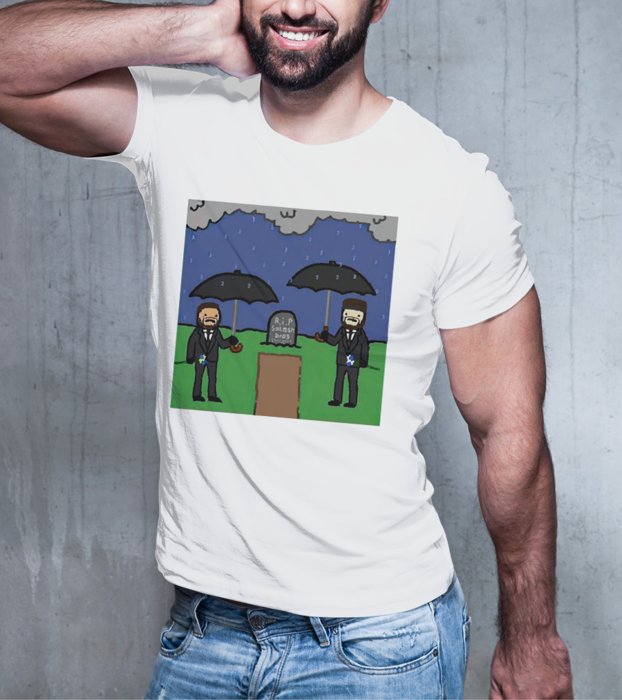 RIP SplashBros Cartoon Memorial With Suited Figures Holding Black Umbrellas T-Shirt