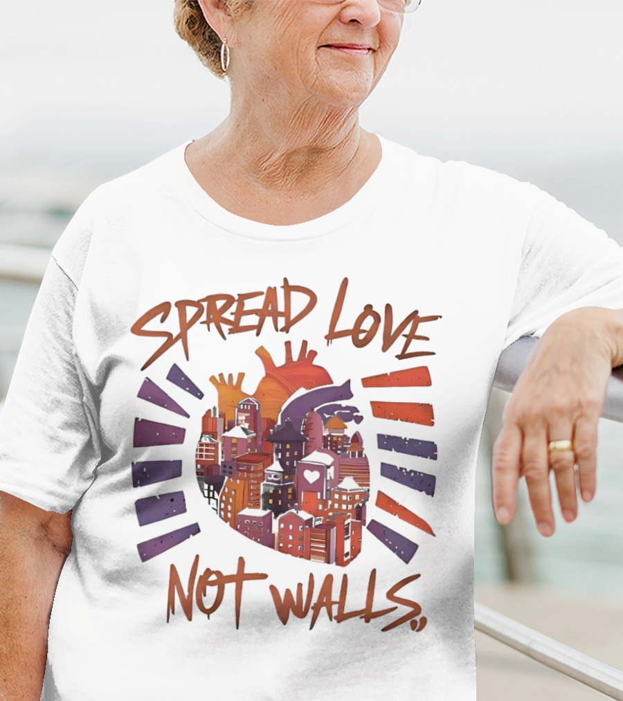 Spread Love Not Walls Cityscape Heart Crown Sunset T-Shirt