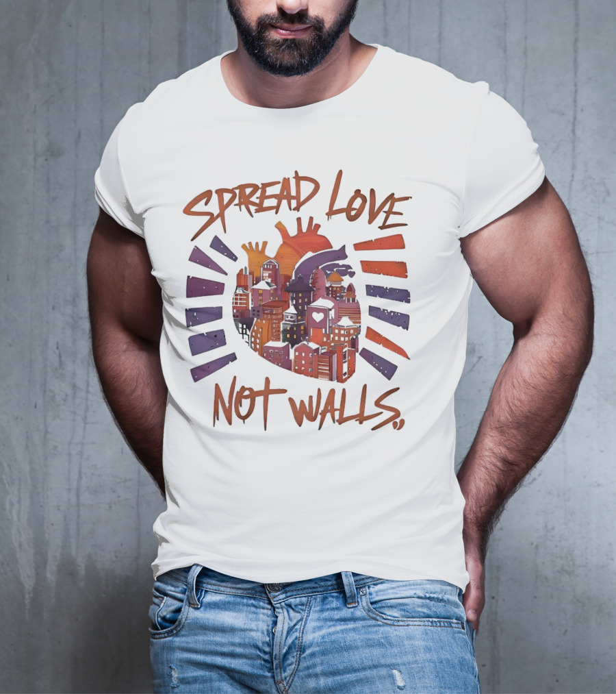 Spread Love Not Walls Cityscape Heart Crown Sunset T-Shirt