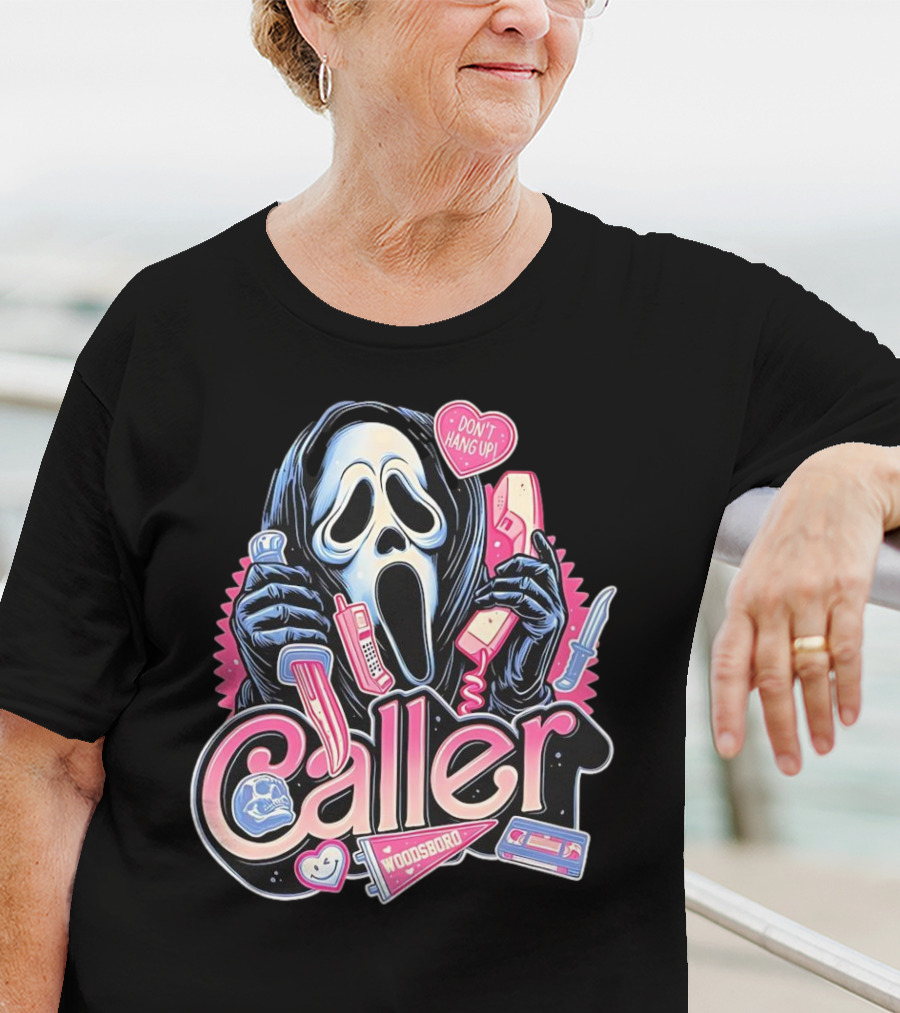 Caller Ghostface Woodsboro Don't Hang Up Pink Telephone Knife T-Shirt