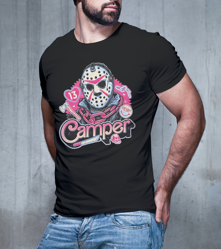 Camper 13 Jason Voorhees Mask And Chains With Ax And Knife Friyay Hearts T-Shirt