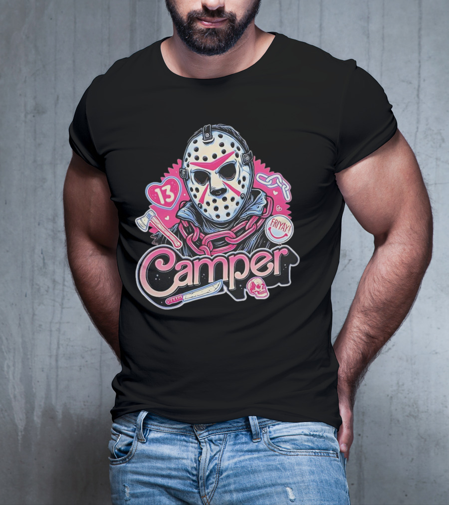 Camper 13 Jason Voorhees Mask And Chains With Ax And Knife Friyay Hearts T-Shirt