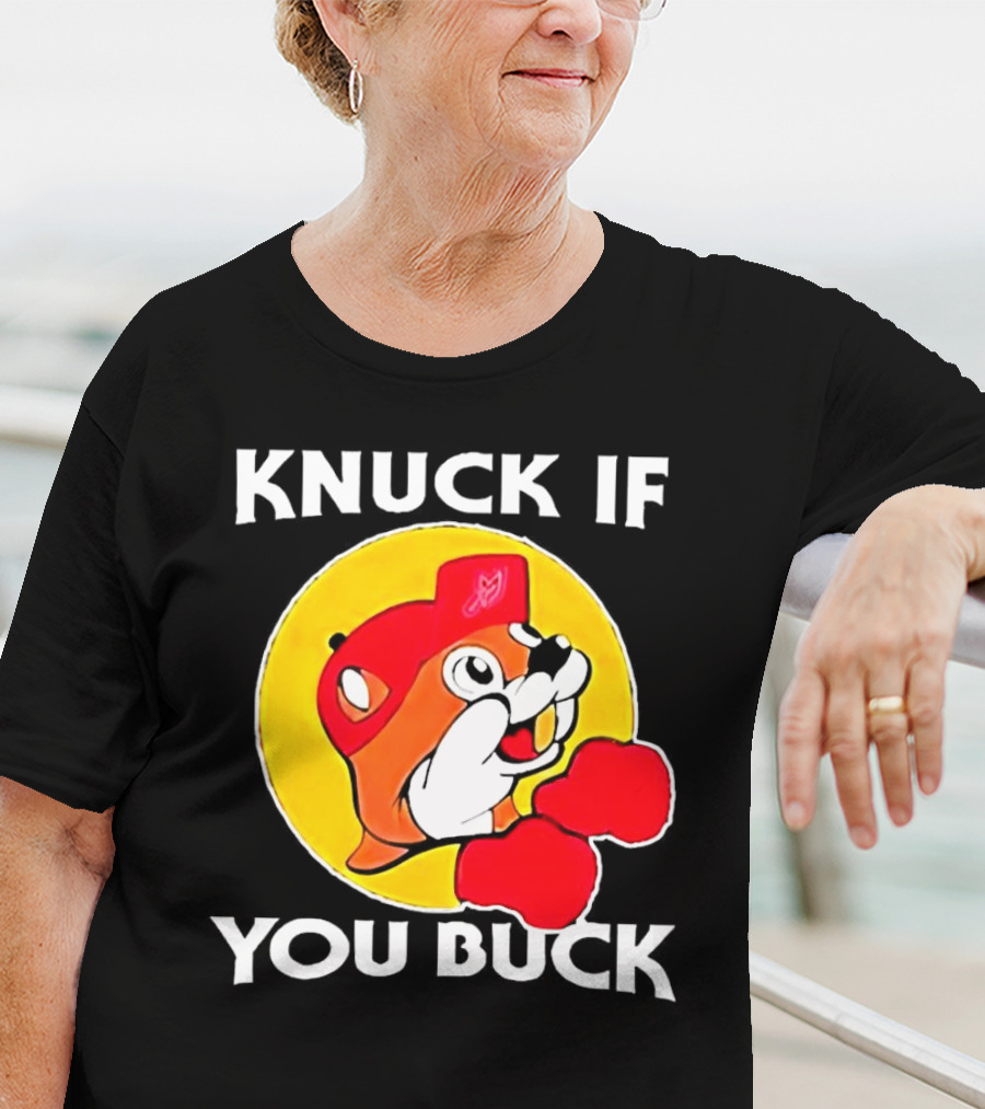 Knuck If You Buck Buc Ees Logo Red Cap Yellow Circle Boxing Gloves T-Shirt
