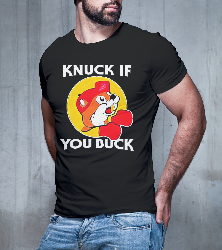 Knuck If You Buck Buc Ees Logo Red Cap Yellow Circle Boxing Gloves T-Shirt