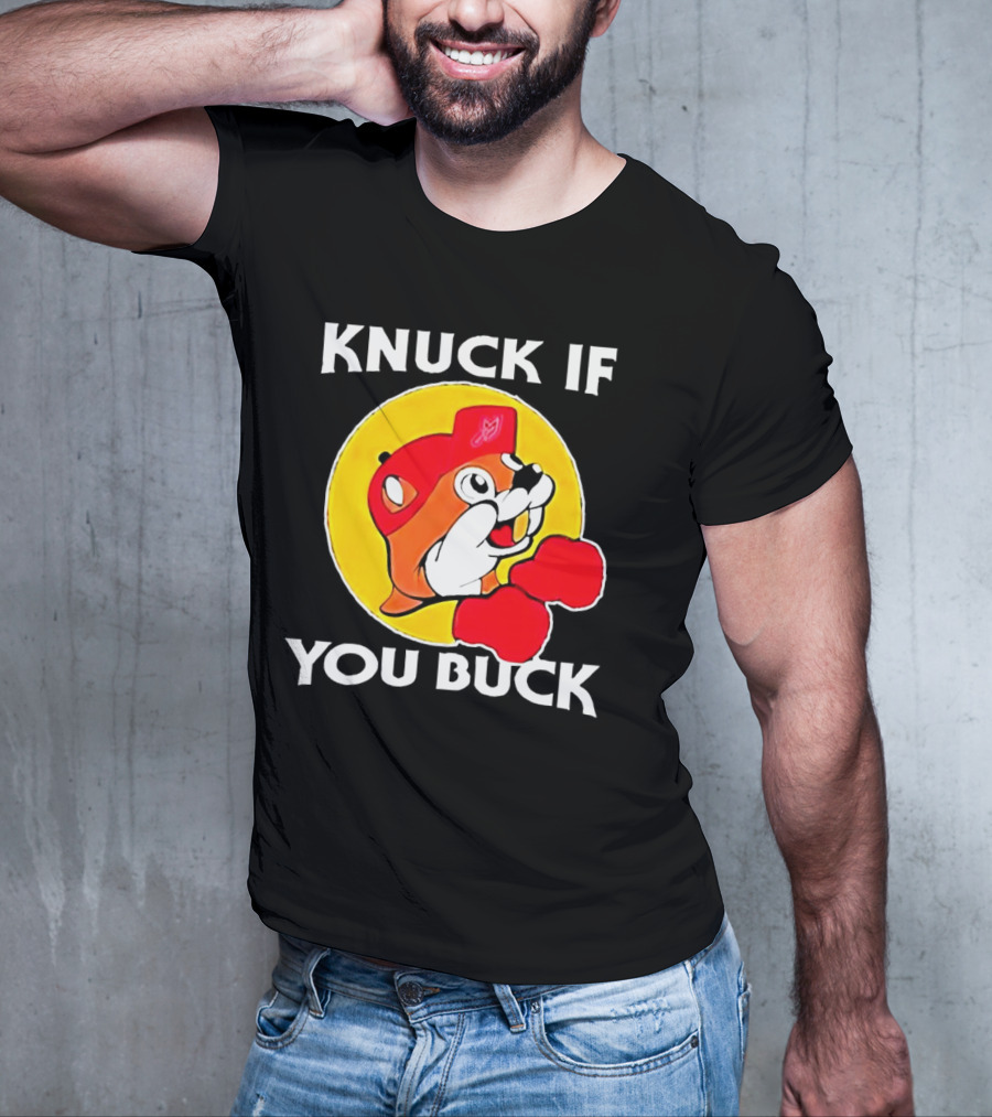 Knuck If You Buck Buc Ees Logo Red Cap Yellow Circle Boxing Gloves T-Shirt