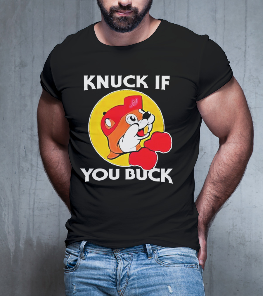 Knuck If You Buck Buc Ees Logo Red Cap Yellow Circle Boxing Gloves T-Shirt
