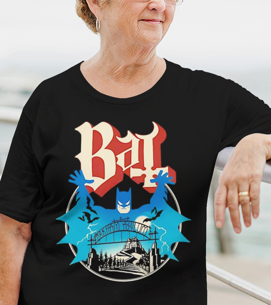 Bat Gotham Asylum Blue Bat Symbol And Red Gothic Font T-Shirt