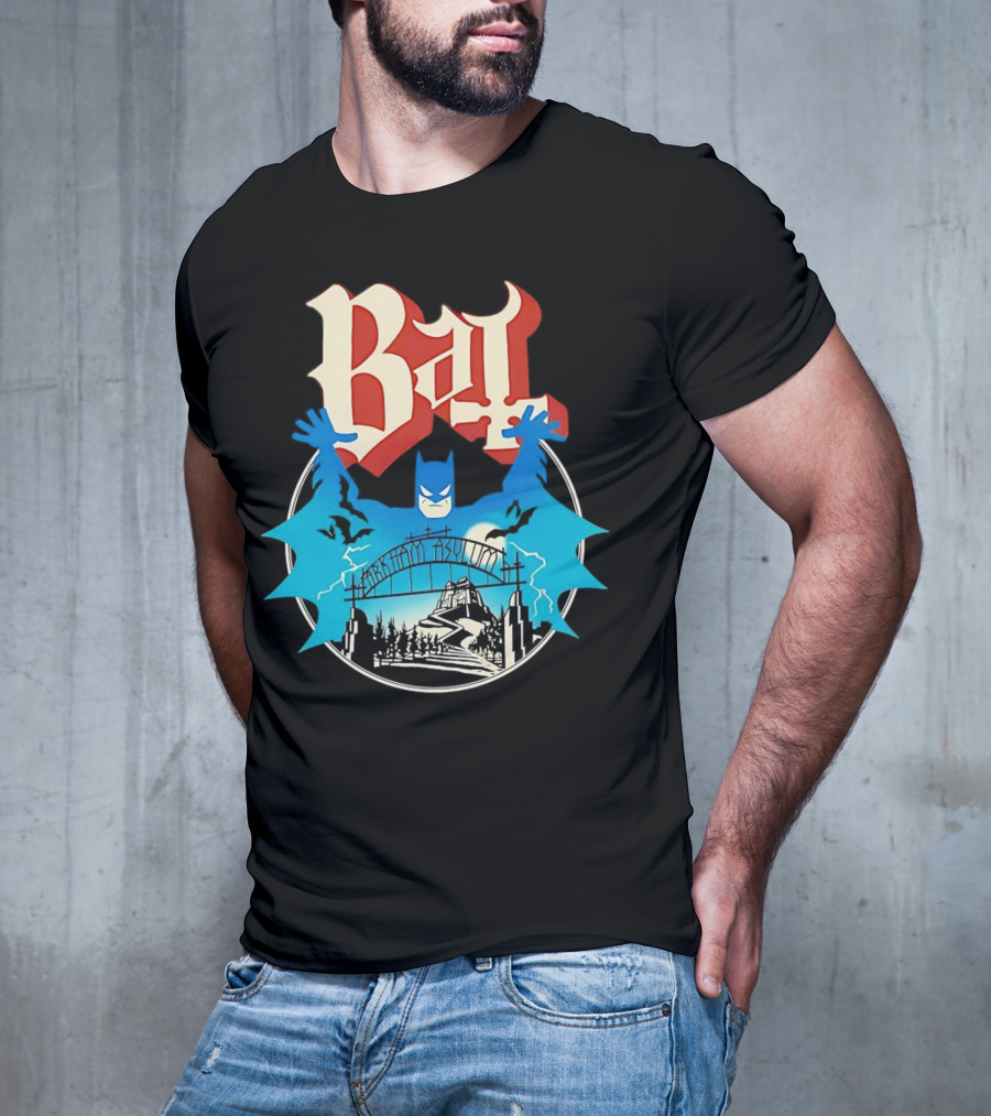 Bat Gotham Asylum Blue Bat Symbol And Red Gothic Font T-Shirt