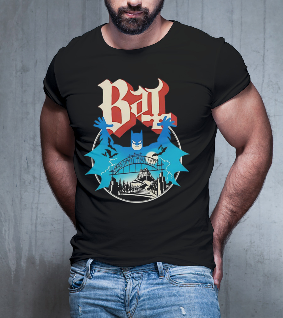 Bat Gotham Asylum Blue Bat Symbol And Red Gothic Font T-Shirt