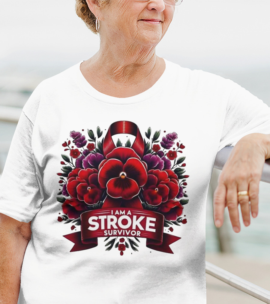 I Am A Stroke Survivor Red Ribbon And Floral Bouquet T-Shirt