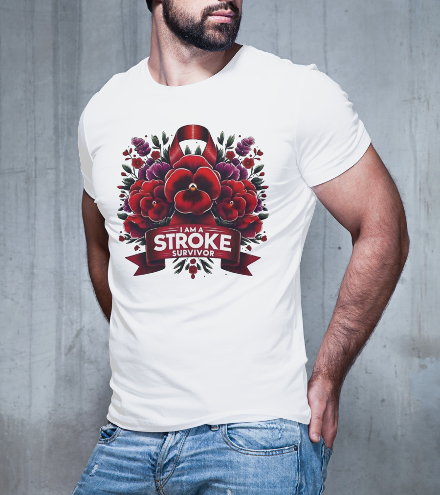 I Am A Stroke Survivor Red Ribbon And Floral Bouquet T-Shirt