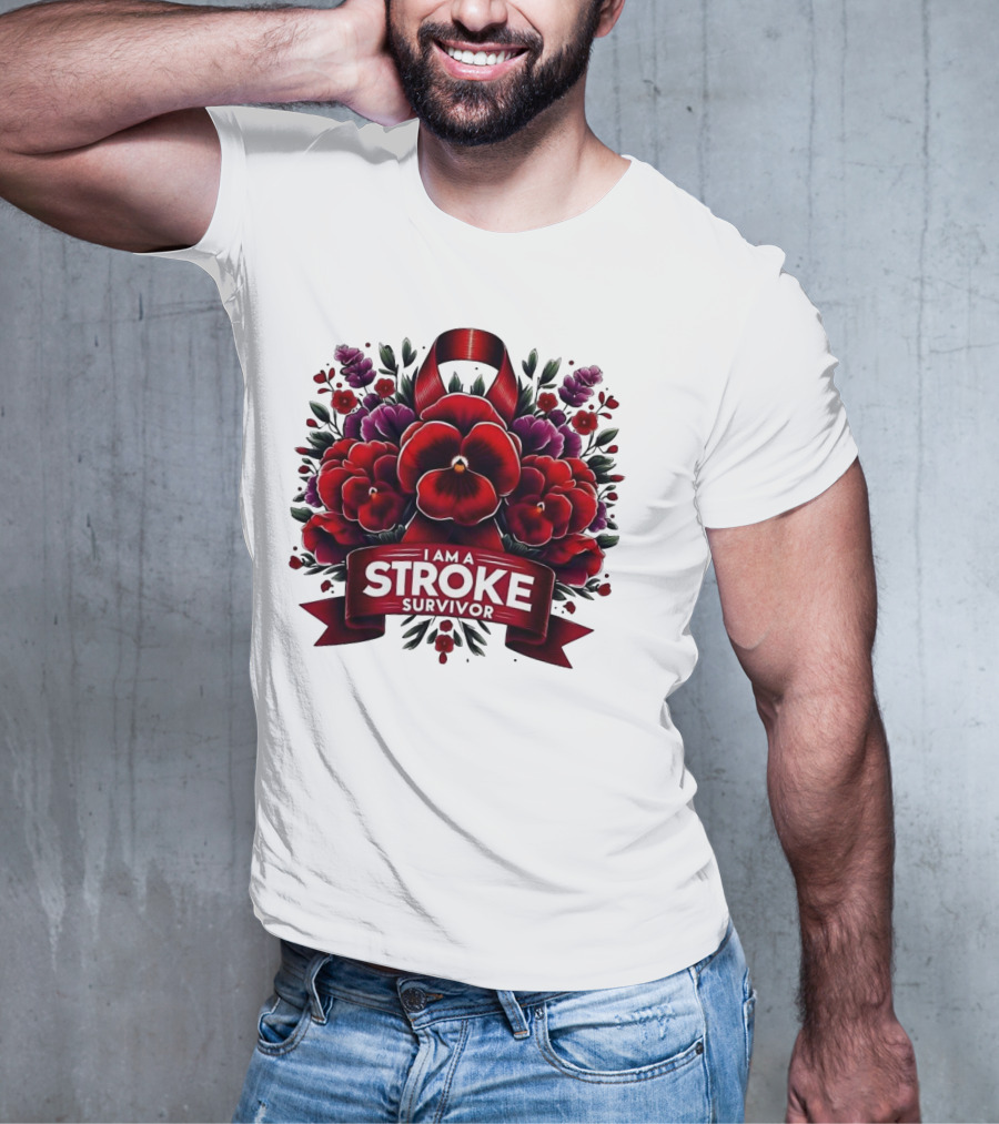 I Am A Stroke Survivor Red Ribbon And Floral Bouquet T-Shirt