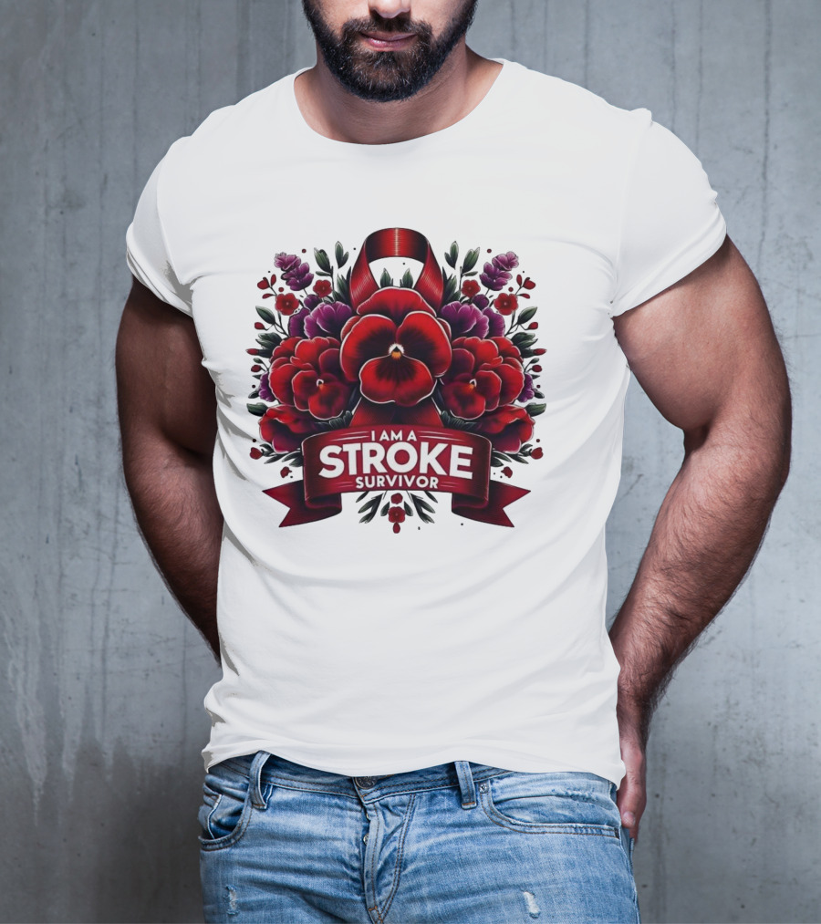 I Am A Stroke Survivor Red Ribbon And Floral Bouquet T-Shirt