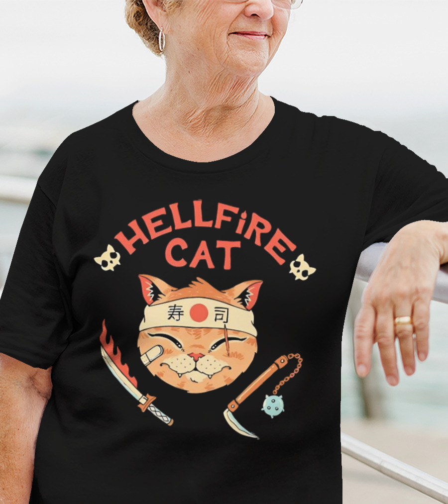 Hellfire Cat Sushi Samurai With Nunchaku And Flaming Sword T-Shirt
