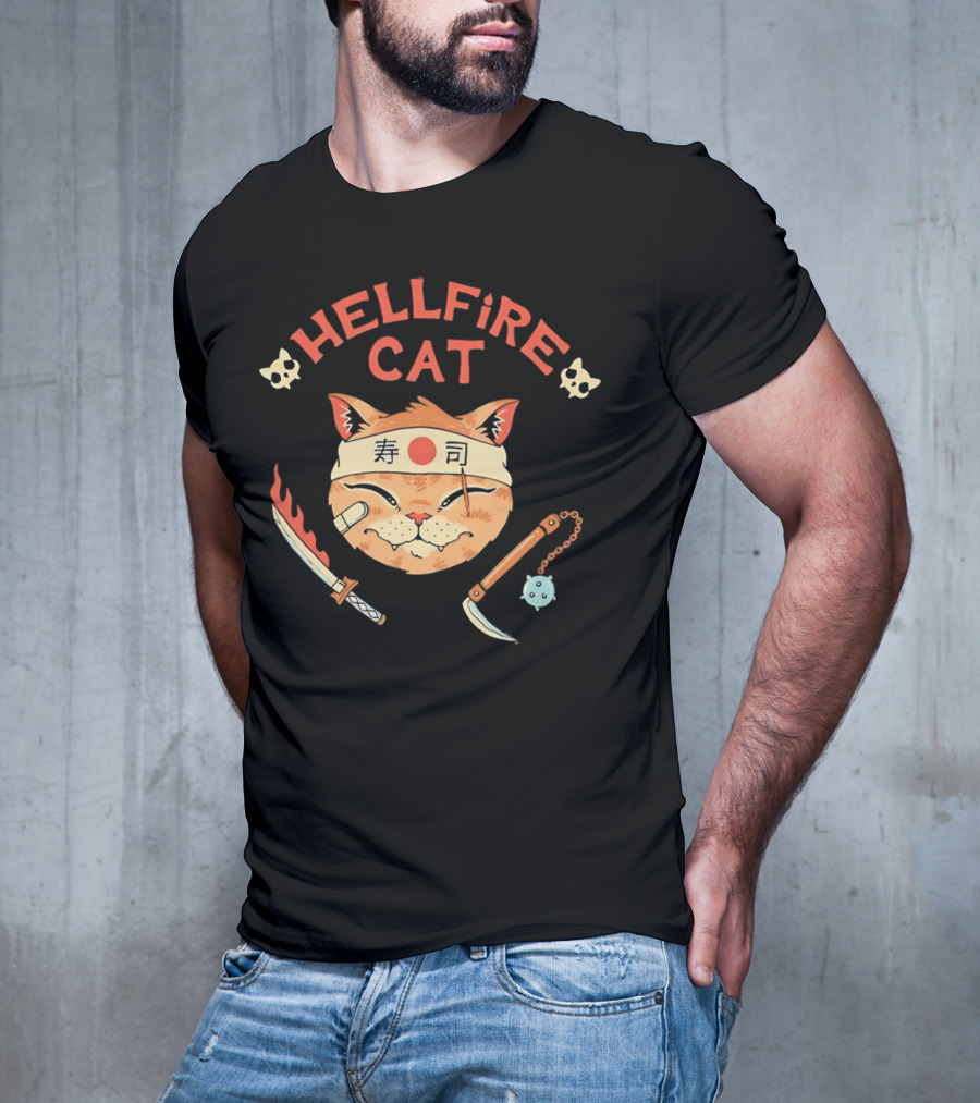 Hellfire Cat Sushi Samurai With Nunchaku And Flaming Sword T-Shirt