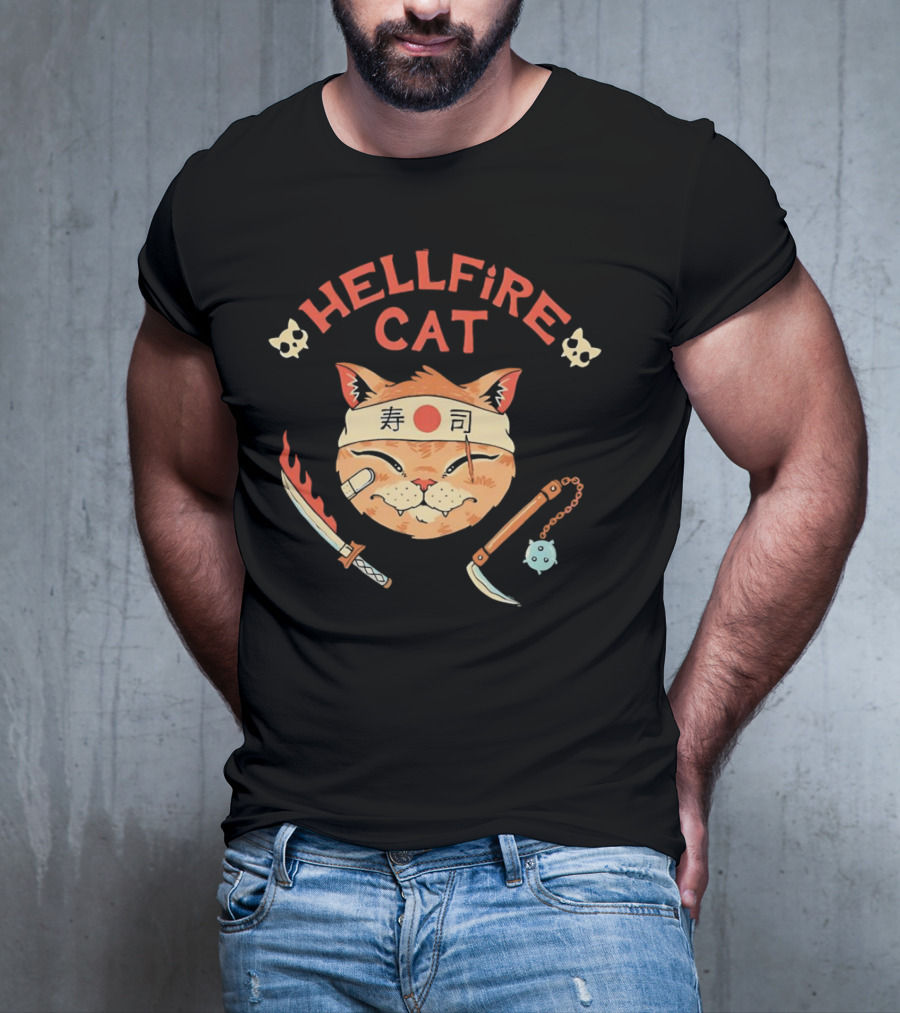 Hellfire Cat Sushi Samurai With Nunchaku And Flaming Sword T-Shirt