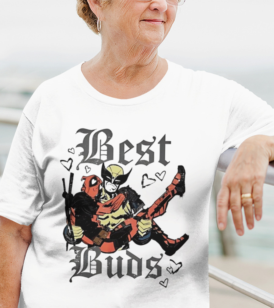 Best Buds Wolverine Carrying Deadpool With Hearts T-Shirt