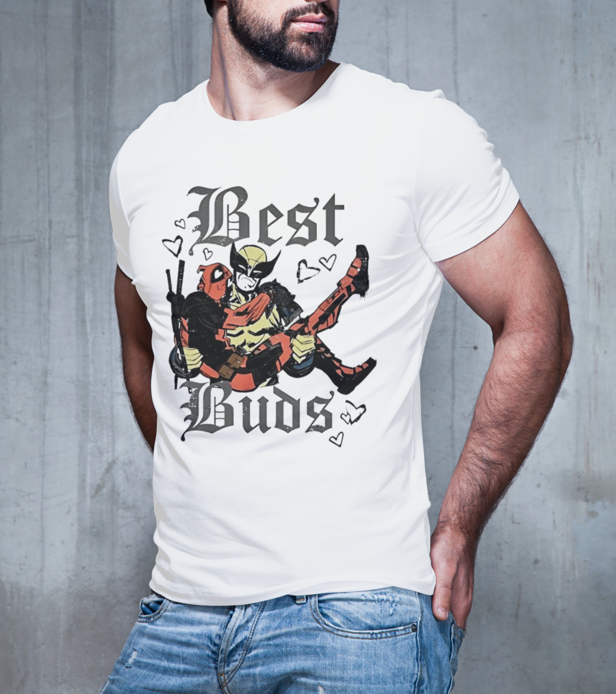 Best Buds Wolverine Carrying Deadpool With Hearts T-Shirt