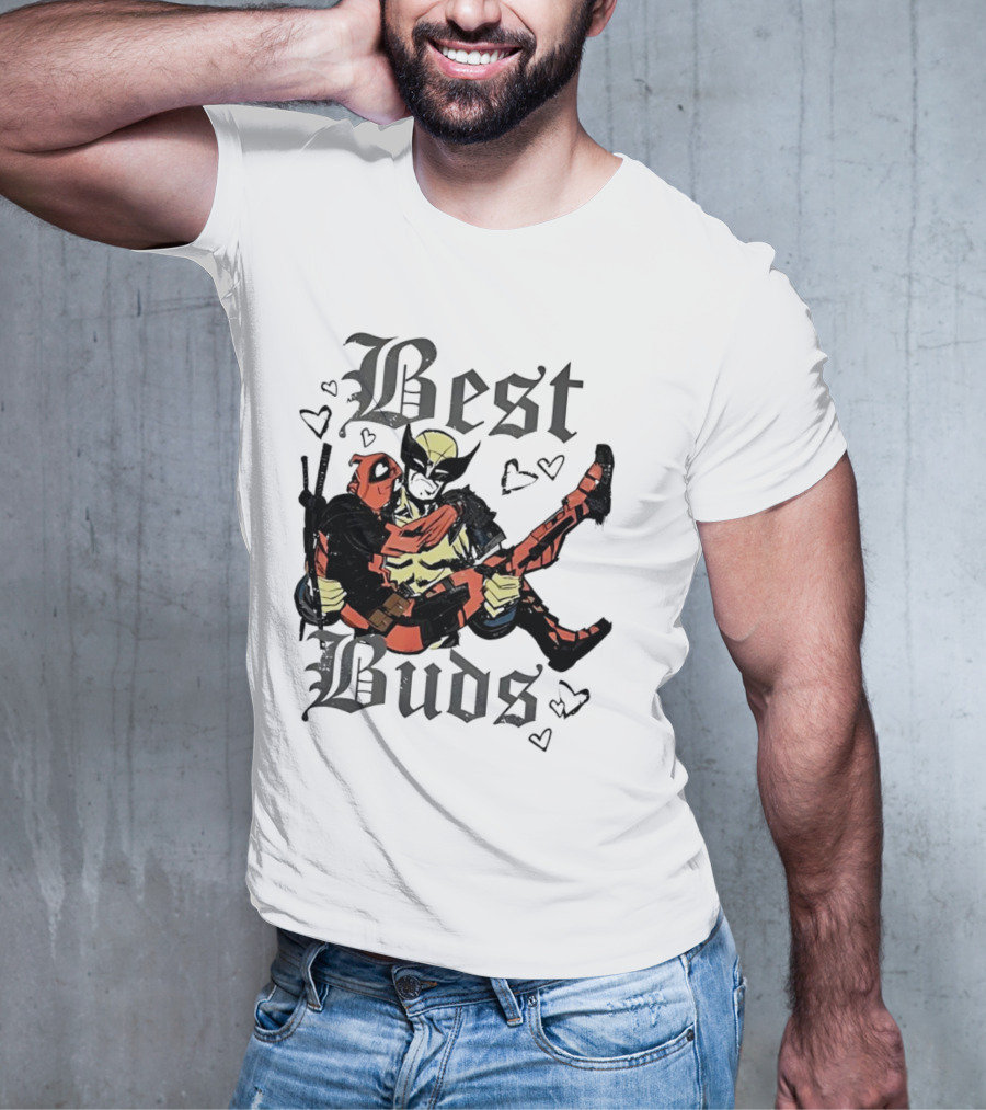 Best Buds Wolverine Carrying Deadpool With Hearts T-Shirt