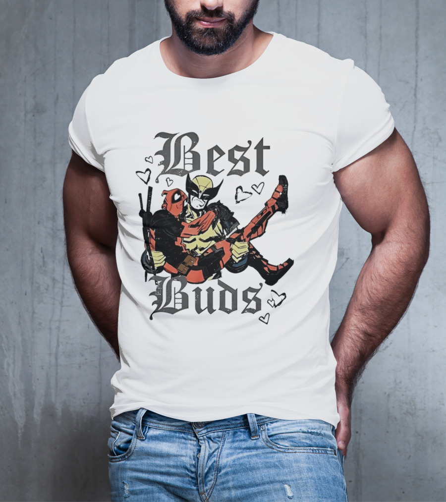 Best Buds Wolverine Carrying Deadpool With Hearts T-Shirt