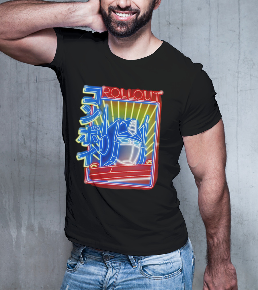 Rollout Neon Prime Robot Head With Japanese Characters T-Shirt