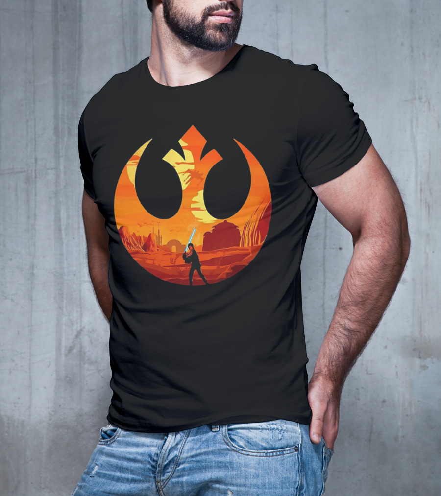 Luke Skywalker The Knight Farmer Tatooine Rebel Symbol Sunset Scene T-Shirt