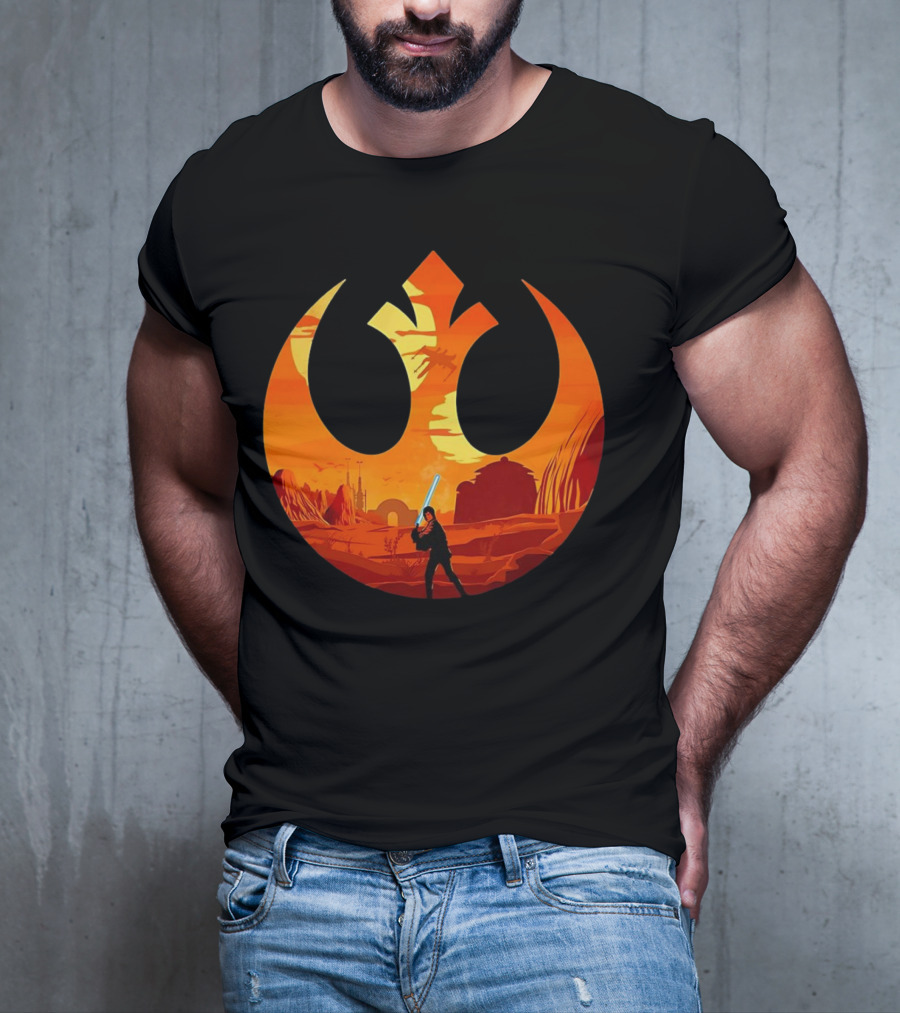 Luke Skywalker The Knight Farmer Tatooine Rebel Symbol Sunset Scene T-Shirt
