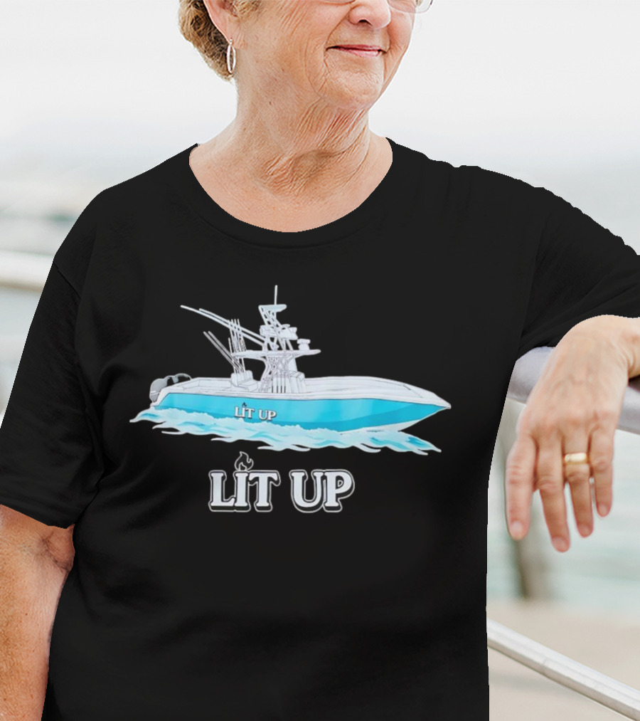 LIT UP Boat Illuminated With Blue Waves T-Shirt